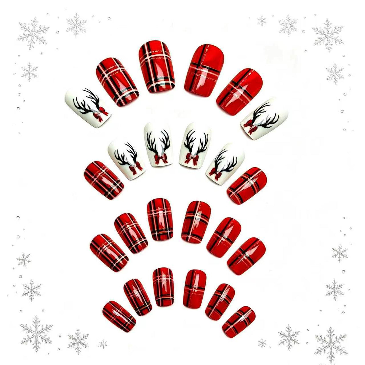 24pcs/Set Red Plaid Reindeer Press-On Nails