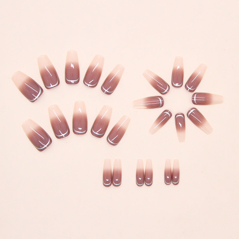 24pcs/Set Gradient Nude Brown with Silver Lines Press-On Nails