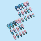 24pcs/Set Blue Cat Eye 3D Gilded Pink Floral Press-On Nails