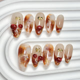 (Handmade) 10pcs/Set Amber Marble Nails with 3D Cherries Press-On Nails