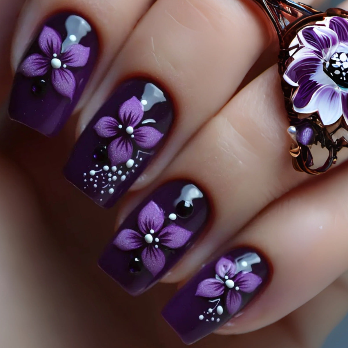 24pcs/Set Purple Floral Bloom Press-On Nails