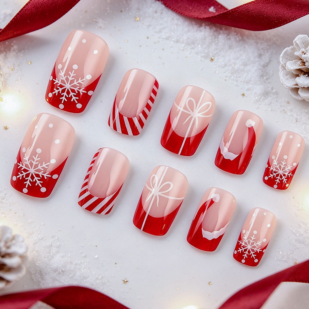 24pcs/Set Santa Hats, Snowflakes & Ribbon French Tips Press-On Nails