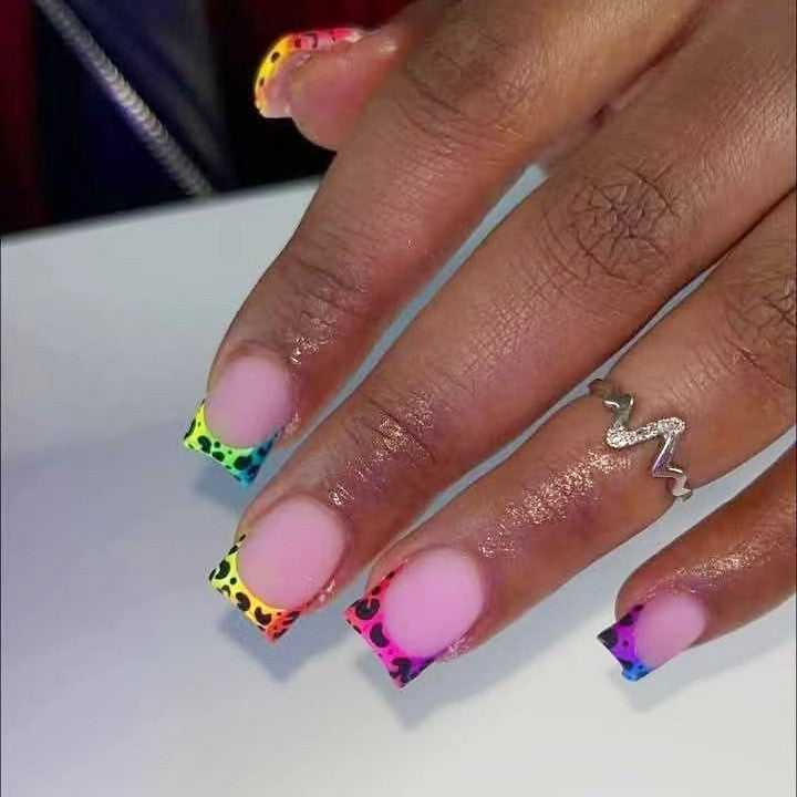 24pcs/Set Colorful Leopard Matte French Tips Press On Nails