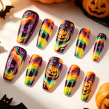 24pcs/Set Rainbow Wave Pumpkin Bat Press On Nails