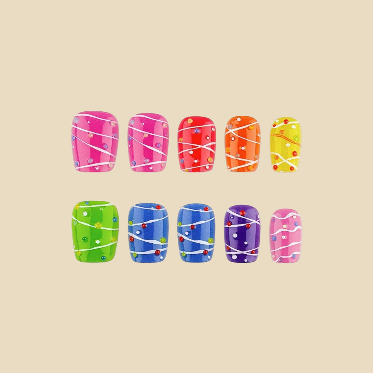 30pcs/Set Colorful Polka Dots with White Lines Press On Nails