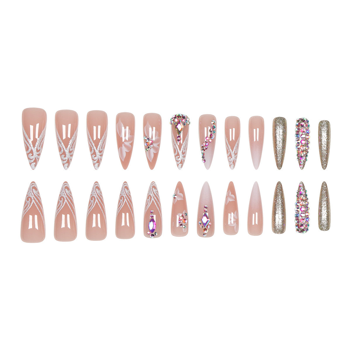 24pcs/Set 3D Floral Colorful Rhinestones Press On Nails