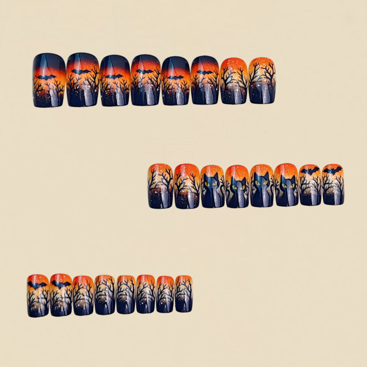 24pcs/Set Orange & Black Ombre Black Cat Press-On Nails