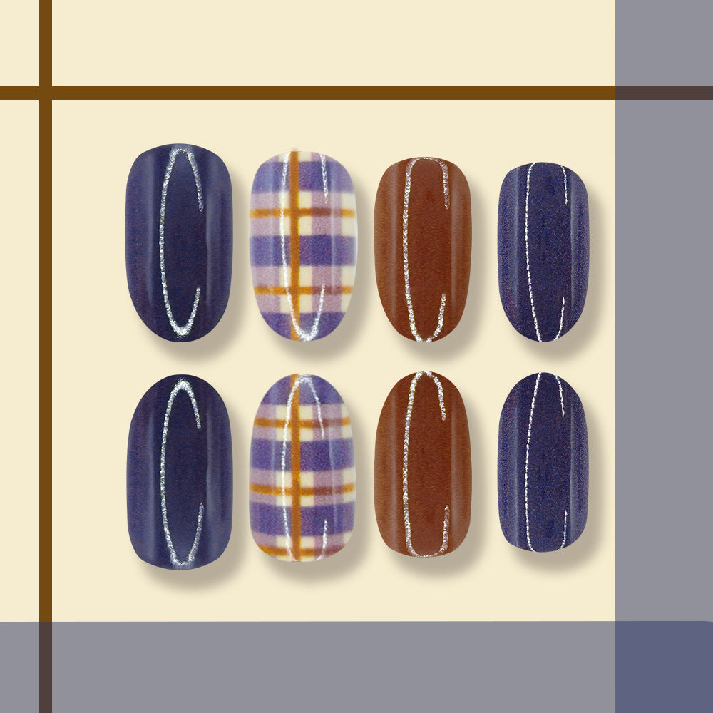 24pcs/Set Blue & Brown Color-Block Plaid Press On Nails