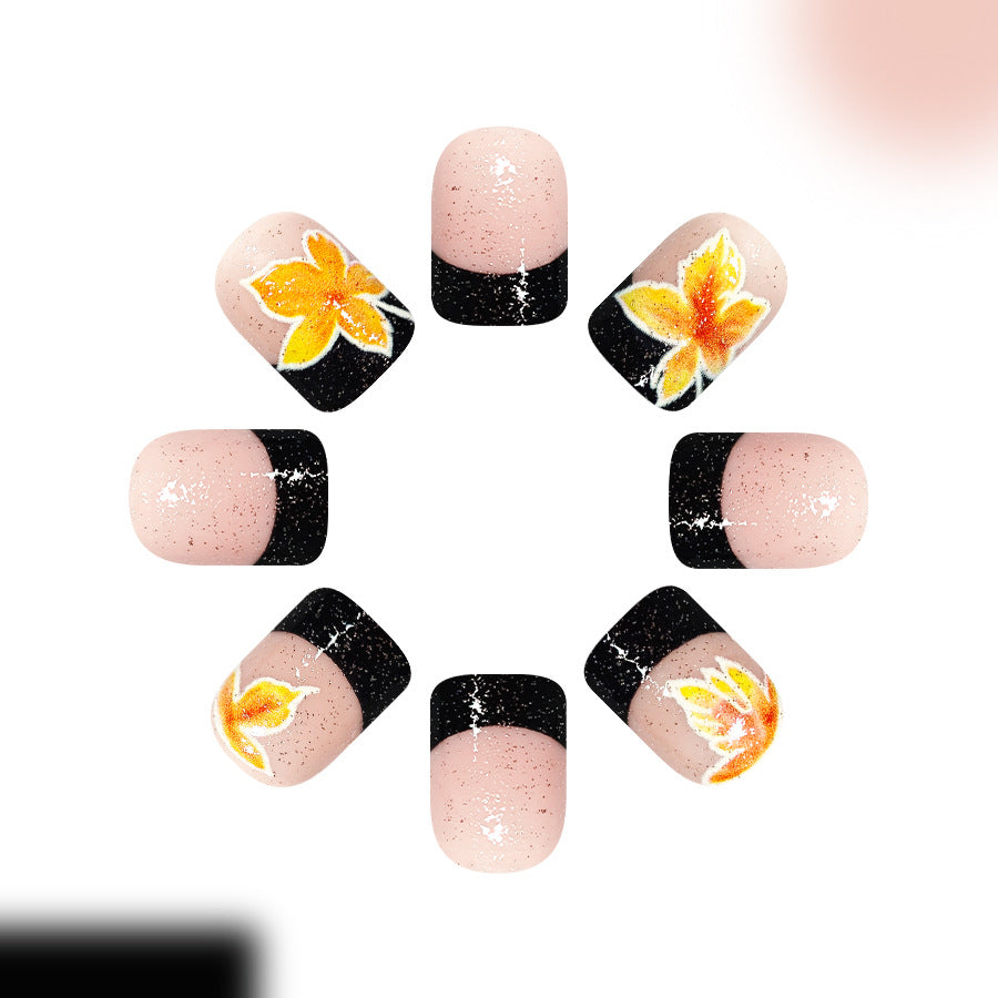24pcs/Set Black French Tips with Yellow Maple Leaves Press-On Nails