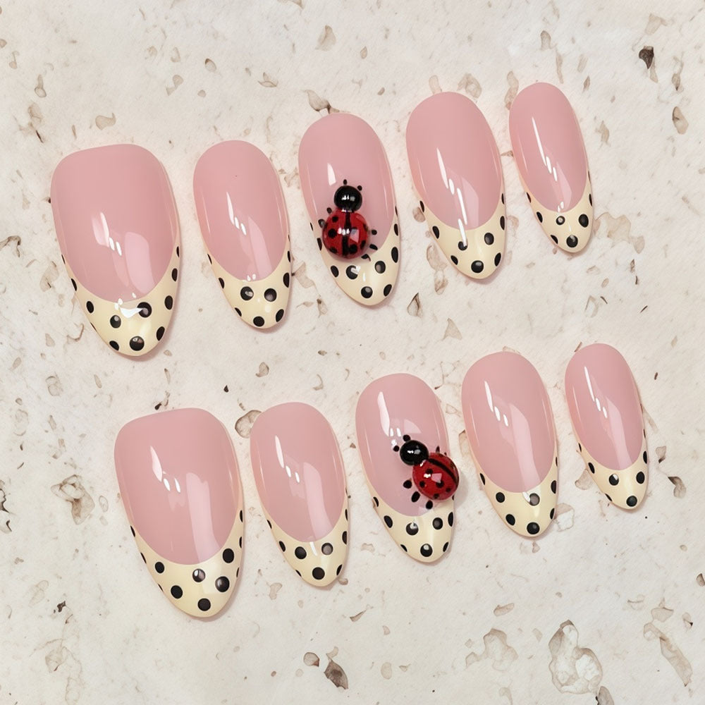 (Handmade) 10pcs/Set Yellow French Polka Dot Ladybug Press-On Nails