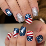 24pcs/Set Blue White Stars and Stripes Glitter Press-On Nails