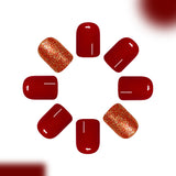24pcs/Set Burgundy Color-Block with Gold Glitter Press On Nails