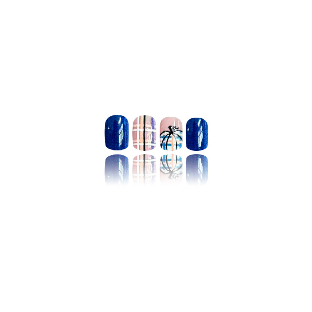 24pcs/Set Dark Blue Plaid Pumpkins Press On Nails