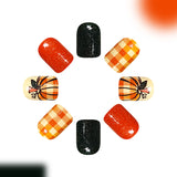 24pcs/Set Orange Brown Plaid Pumpkins Press On Nails