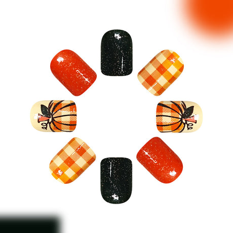 24pcs/Set Orange Brown Plaid Pumpkins Press On Nails