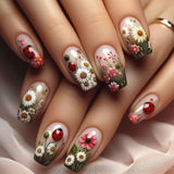 24pcs/Set Ladybug White Daisy Press-On Nails