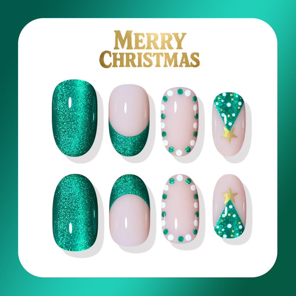 24pcs/Set Green Cat Eye Christmas Tree French Press-On Nails