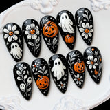 24pcs/Set Black Daisy Ghost Pumpkin Press On Nails
