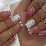 24pcs/Set White Polka Dot French 3D Floral Press On Nails