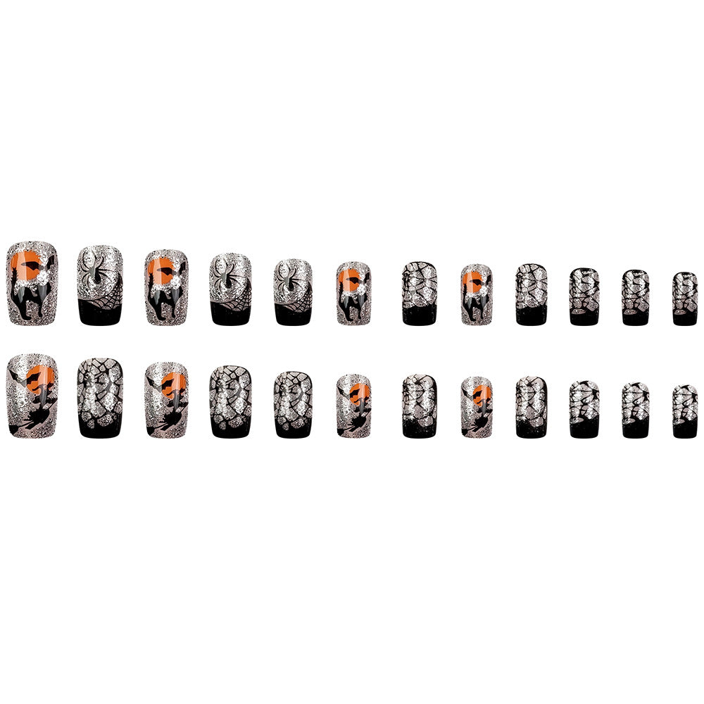 24pcs/Set Silver Glitter Black & Pink Spider Press On Nails