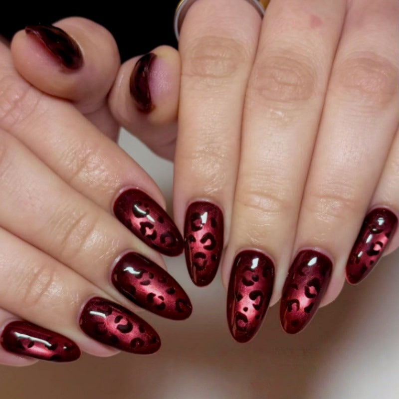 24pcs/Set Burgundy Cat Eye Leopard Print Press-On Nails