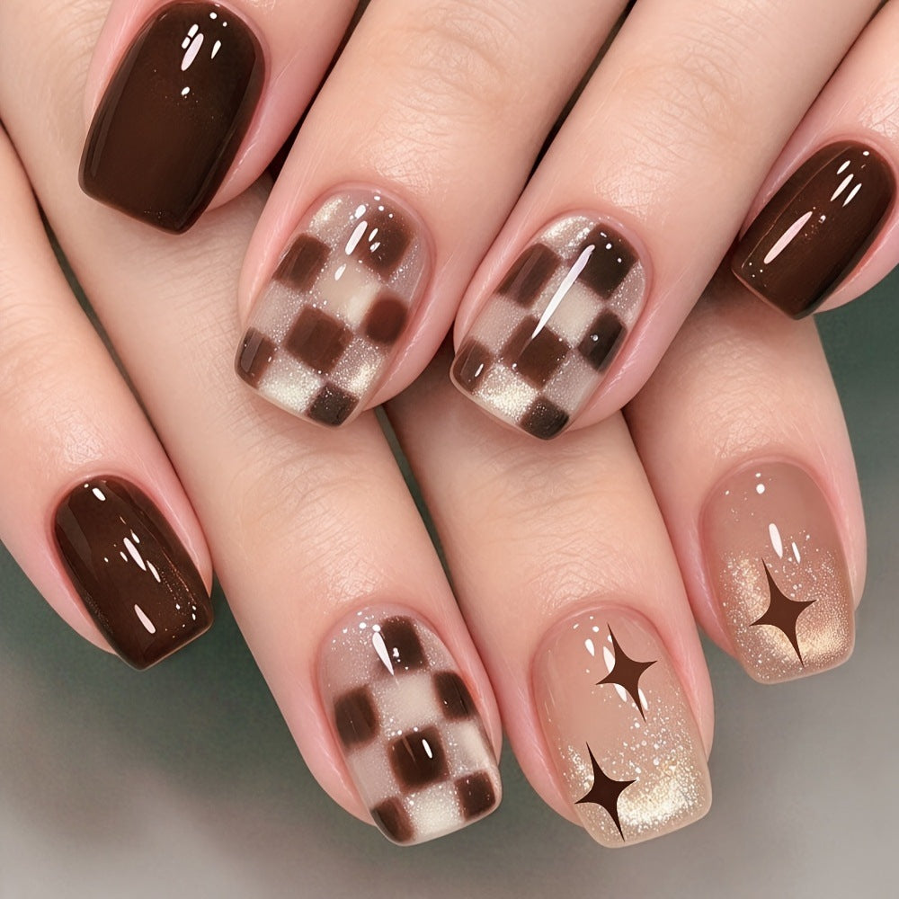 24pcs/Set Brown Checkerboard Cat Eye Press-On Nails