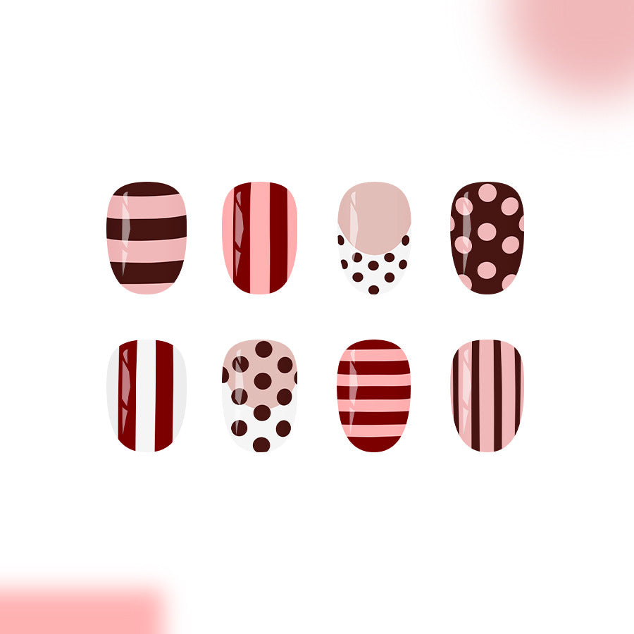 24pcs/Set Pink French Stripes & Polka Dots Press On Nails