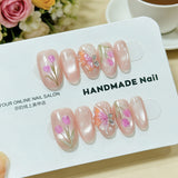 (Handmade) 10pcs/Set Blue 3D Sculpted Floral French Press-On Nails