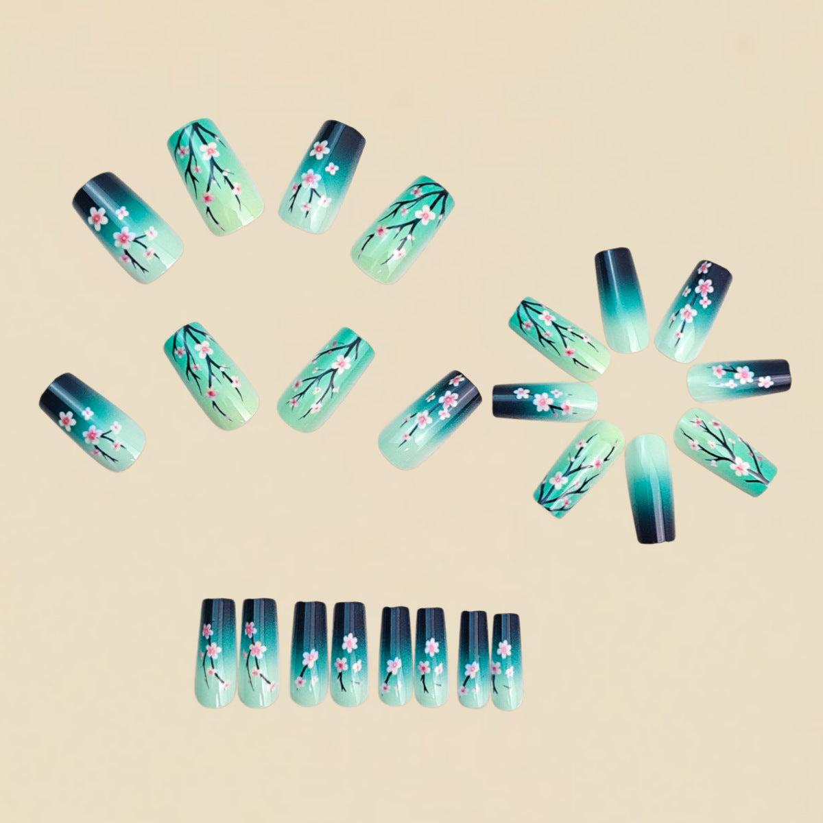 24pcs/Set Teal Green Gradient Peach Blossom Press-On Nails