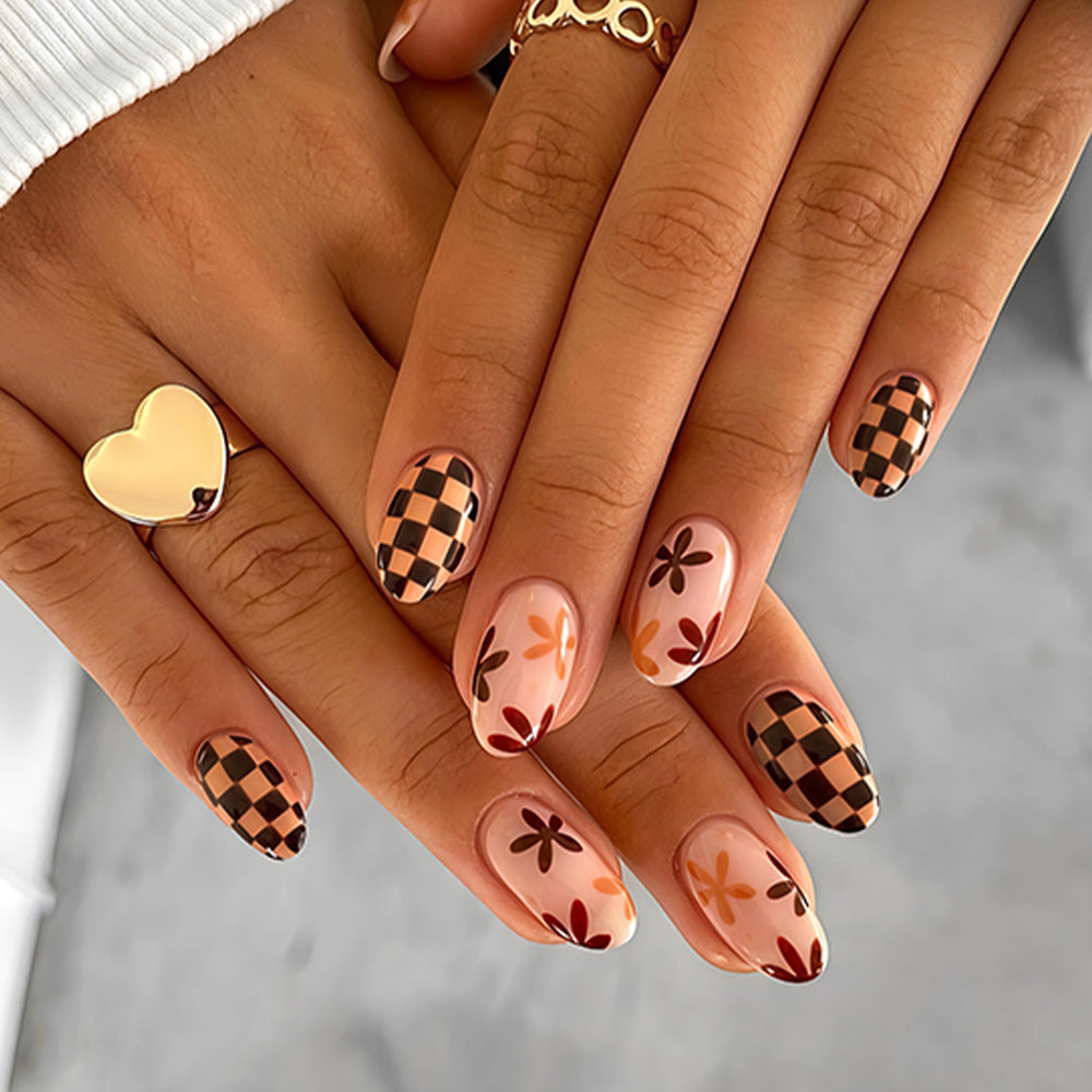 24pcs/Set Checkerboard Floral Press On Nails