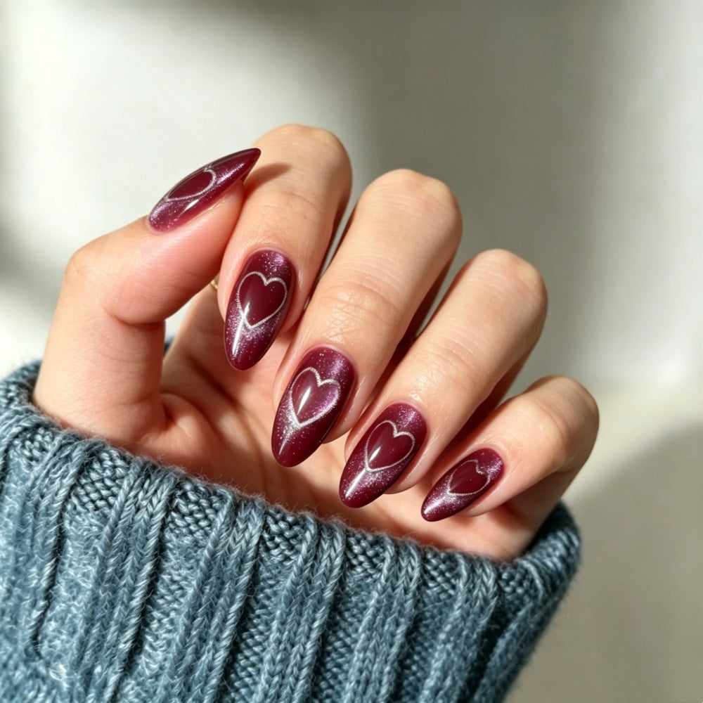 24pcs/Set Brown Heart Cat Eye Press On Nails