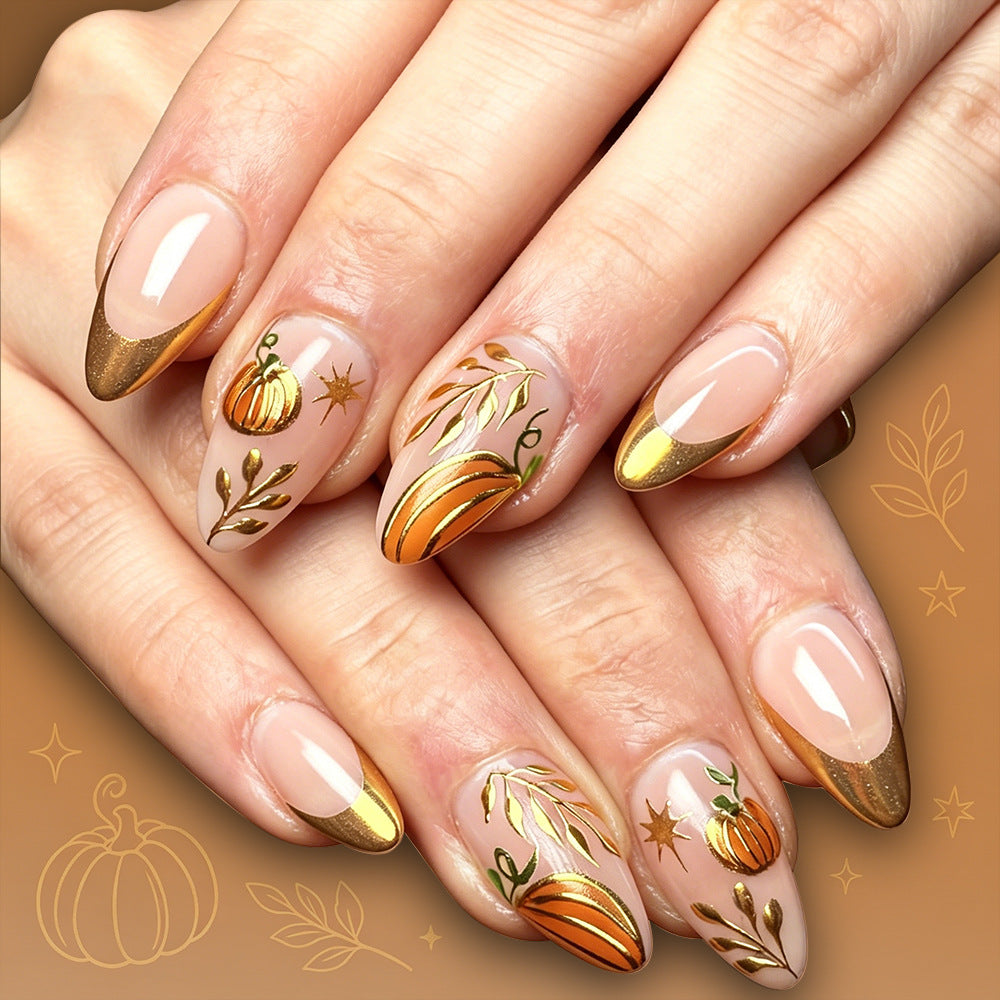 24pcs/Set Gold Foil Pumpkin French Tips Press-On Nails