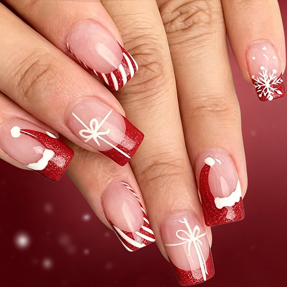 24pcs/Set Santa Hats, Snowflakes & Ribbon French Tips Press-On Nails