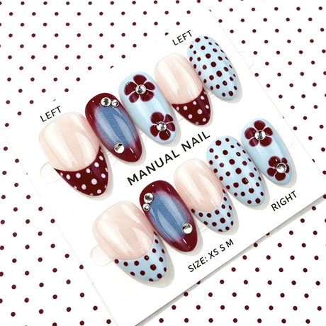 30pcs/Set Blue Ombre Floral Polka Dots Press On Nails