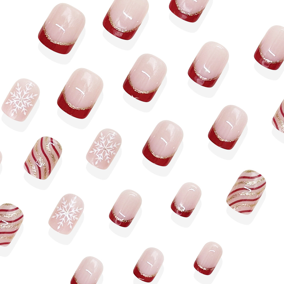 24pcs/Set Red French Tips with Gold Trim & Snowflakes Press-On Nails