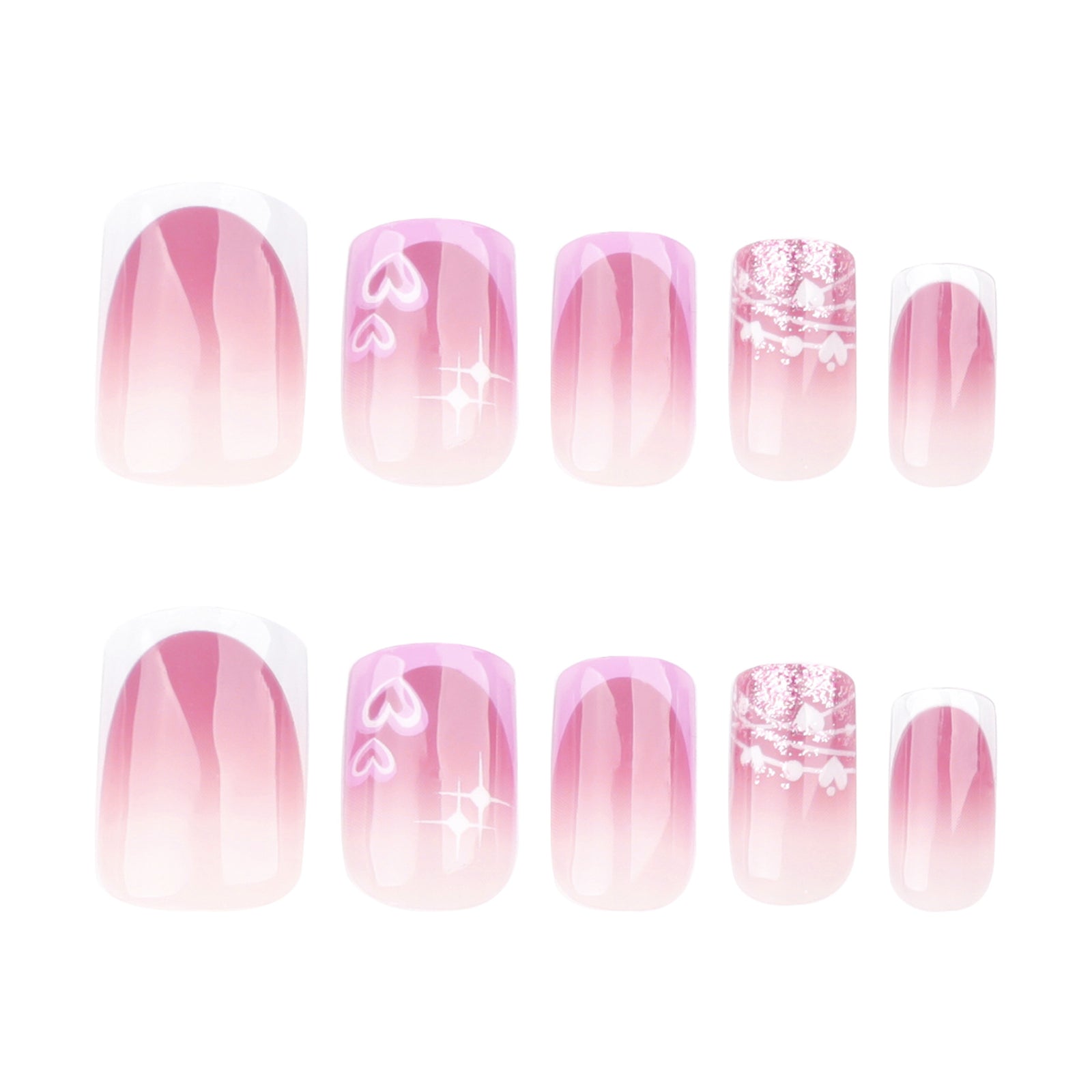 24pcs/Set Hot Pink French Hearts Press-On Nails
