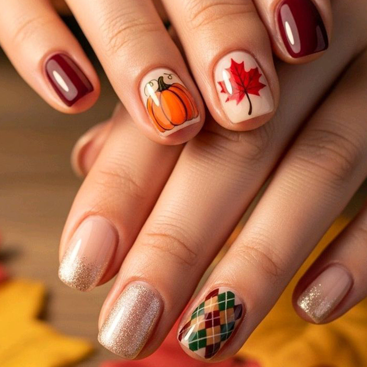 24pcs/Set Fall Red Glitter Maple Leaves Press On Nails