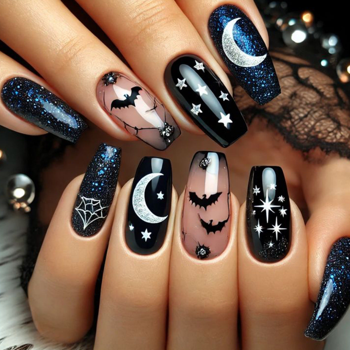 24pcs/Set Starry Night Moon & Bats Press-On Nails