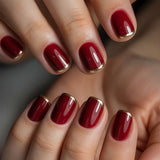 24pcs/Set Burgundy French with Gold Trim Press On Nails