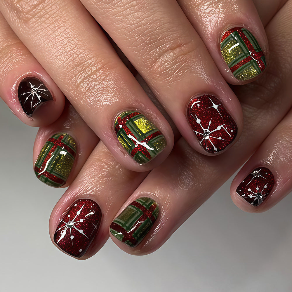 24pcs/Set Vintage Christmas Red & Green Plaid Press On Nails