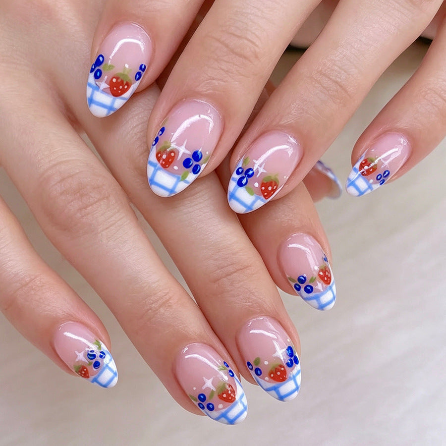 24pcs/Set Blue & White French Plaid Strawberry Press-On Nails
