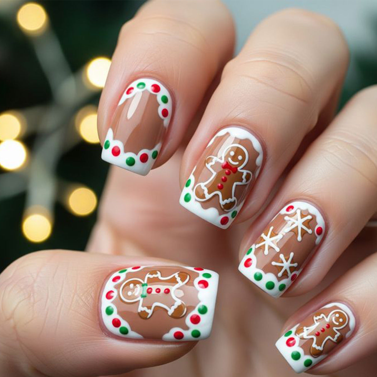 24pcs/Set Brown Gingerbread Man & Colorful Polka Dots Press-On Nails