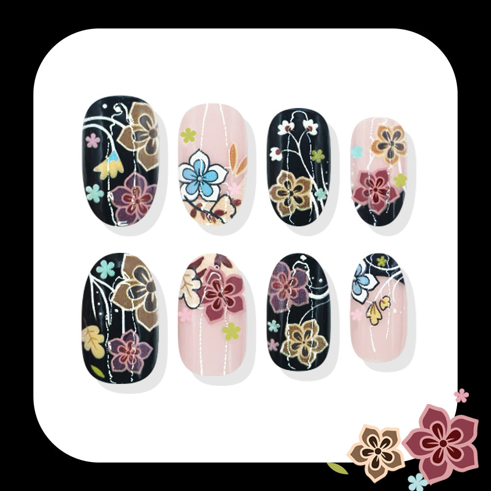 24pcs/Set Black Floral Nails Press On Nails