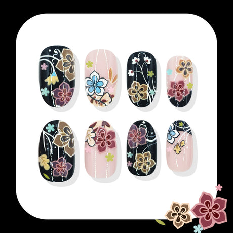 24pcs/Set Black Floral Nails Press On Nails