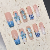(Handmade) 10pcs/Set Blue French Tip 3D Flower Press-On Nails