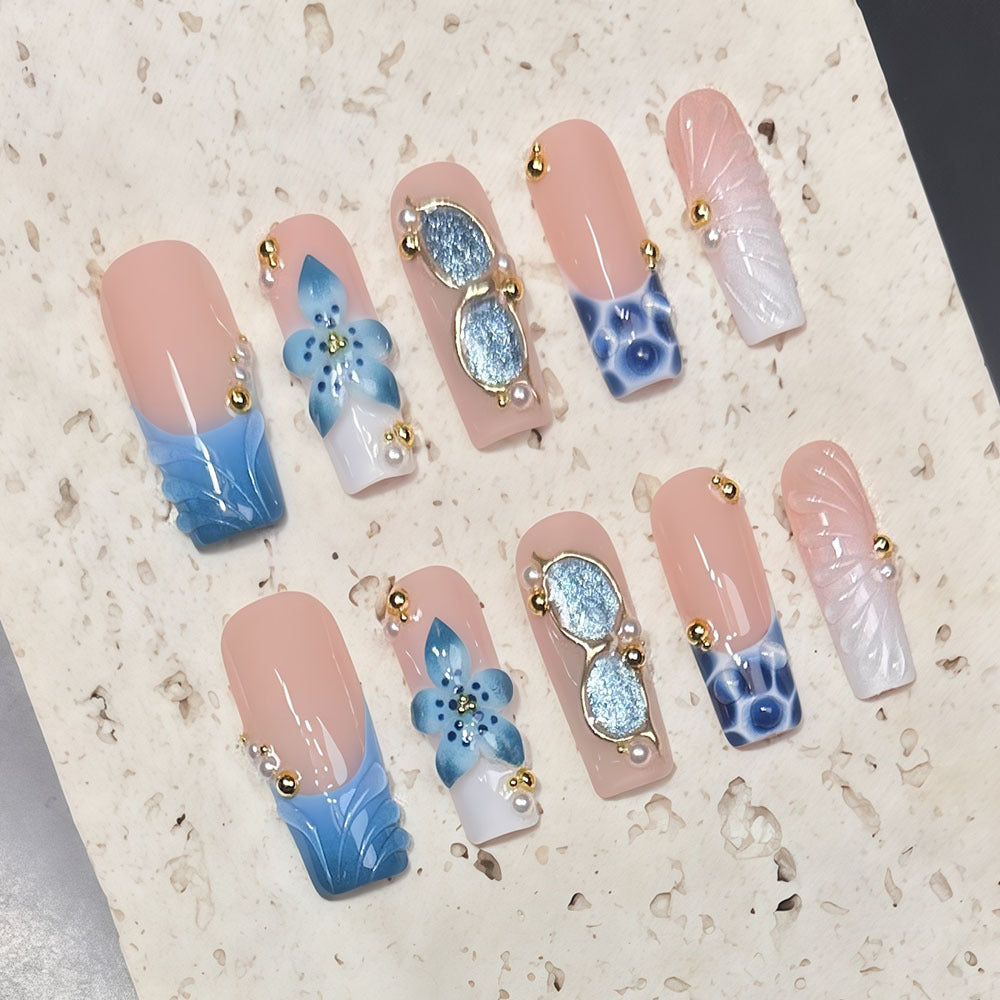 (Handmade) 10pcs/Set Blue French Tip 3D Flower Press-On Nails