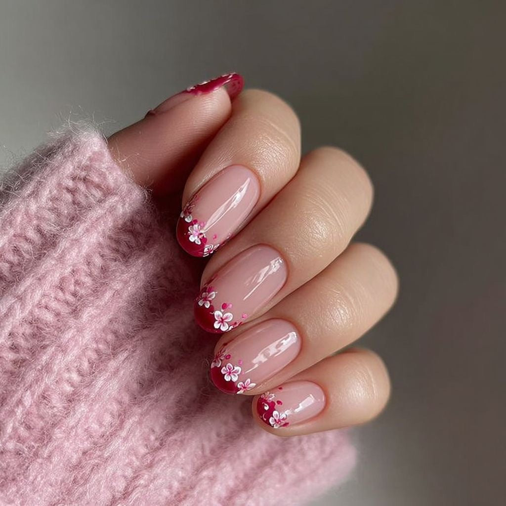 24pcs/Set Red Flower French Press On Nails