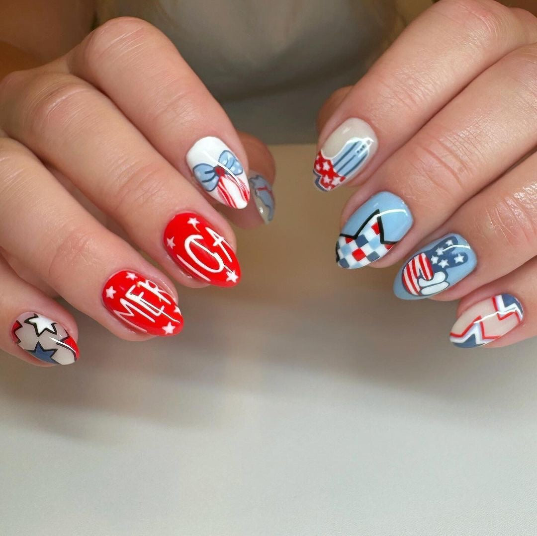 24pcs/Set Red Blue Split Color Star Letter Press-On Nails