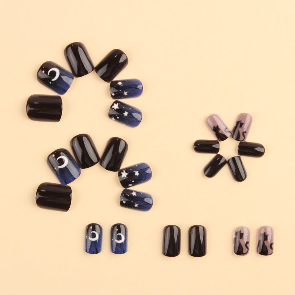 24pcs/Set Moon & Star Black Cat Press-On Nails