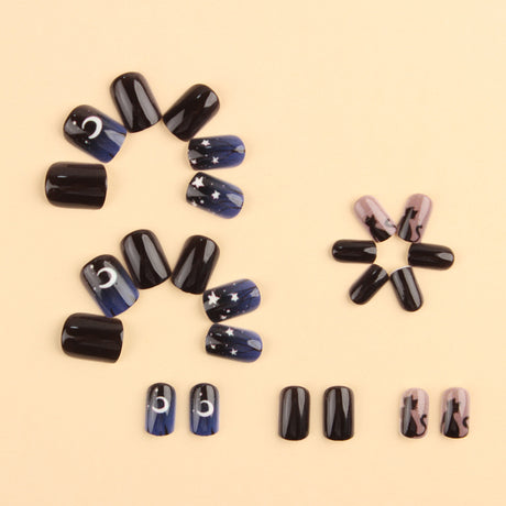 24pcs/Set Moon & Star Black Cat Press-On Nails